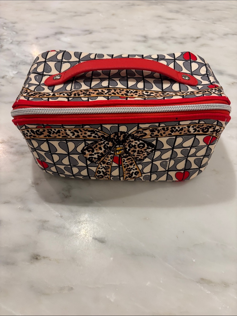Brighton Beige & Red Patterned Cosmetic Case with Bow Accent